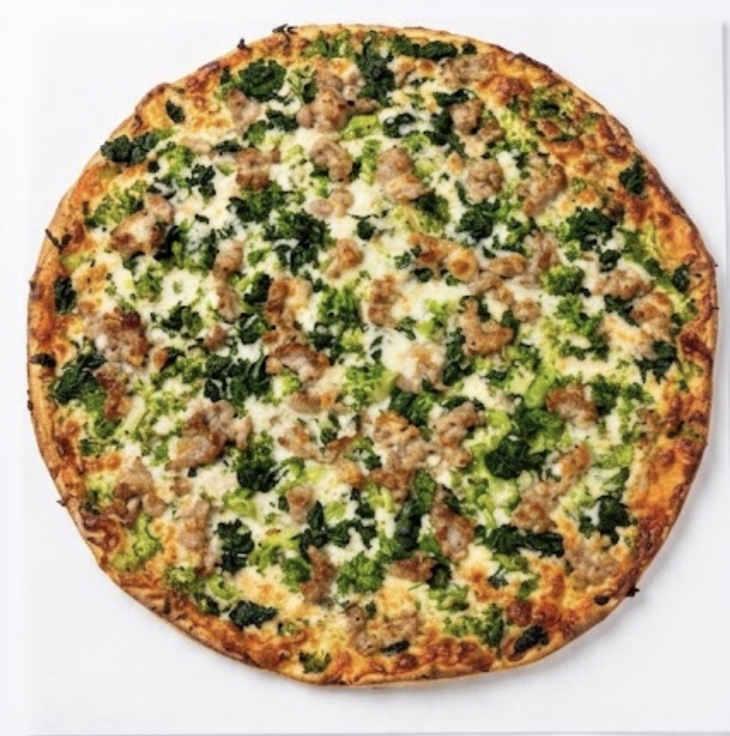 Sausage and broccoli pizza.